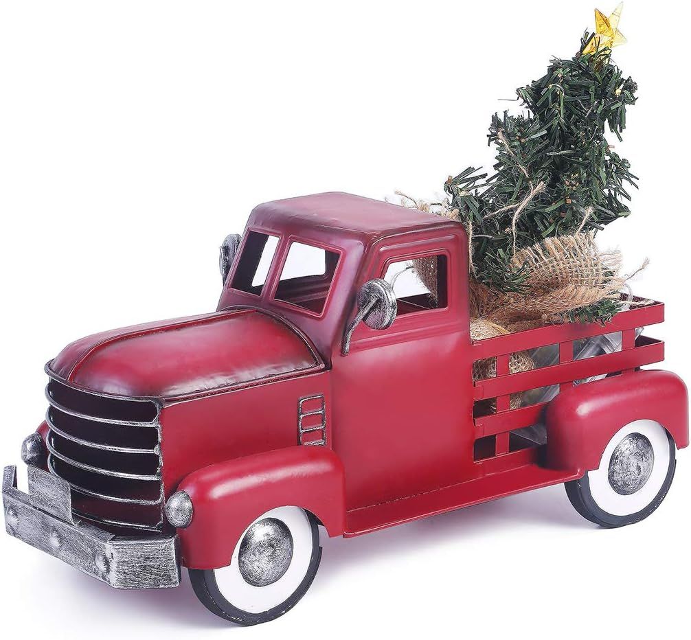 Red Metal Truck Christmas Décor with Removable LED Christmas Tree Ornament, Vintage Farmhouse Pi... | Amazon (US)