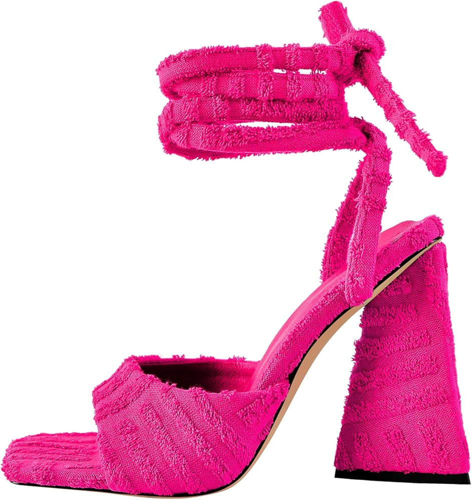 Women's Lace up Fashion Square Toe High Heeled Ankle Strap Chunky Mule Sandals | Amazon (US)