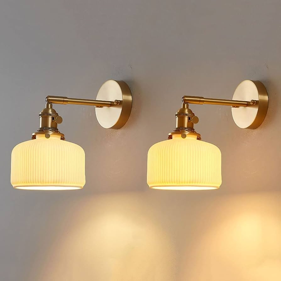 File 2 Pcs Brass Wall Sconces Milk White Ceramic Lamp Shade Adjustable Wall Lights, Copper Wall M... | Amazon (US)