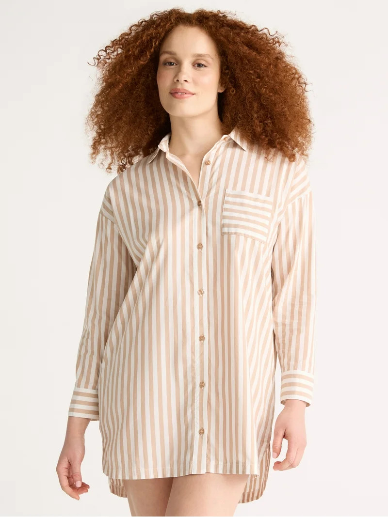 Joyspun Women’s Woven Long Sleeve Button Front Sleepshirt, Sizes XS-3X | Walmart (US)