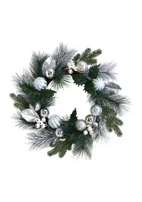 Nearly Natural 24 Inch Pinecones and Berries Christmas Artificial Wreath with Silver Ornaments | Belk
