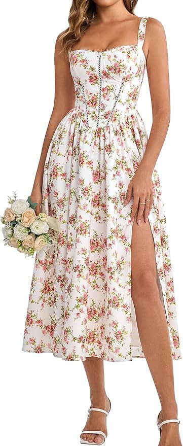 KUTUMAI Floral Corset Midi Dress Flowy Slit Summer Spring Wedding Guest Dresses for Women Sundres... | Amazon (US)