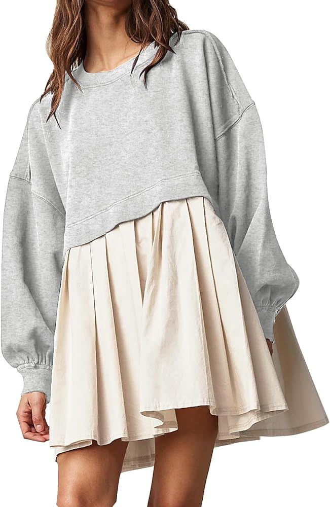 Flygo Womens Oversized Sweatshirt Dress Crewneck Patchwork Long Sleeve Pullover Tunic Flowy Pleat... | Amazon (US)