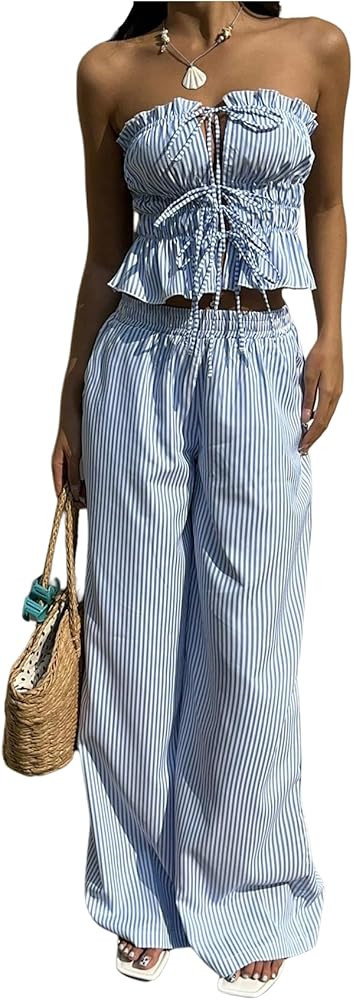 Floerns Women's 2 Piece Outfit Striped Tie Front Tube Top with Wide Leg Pants Set | Amazon (US)
