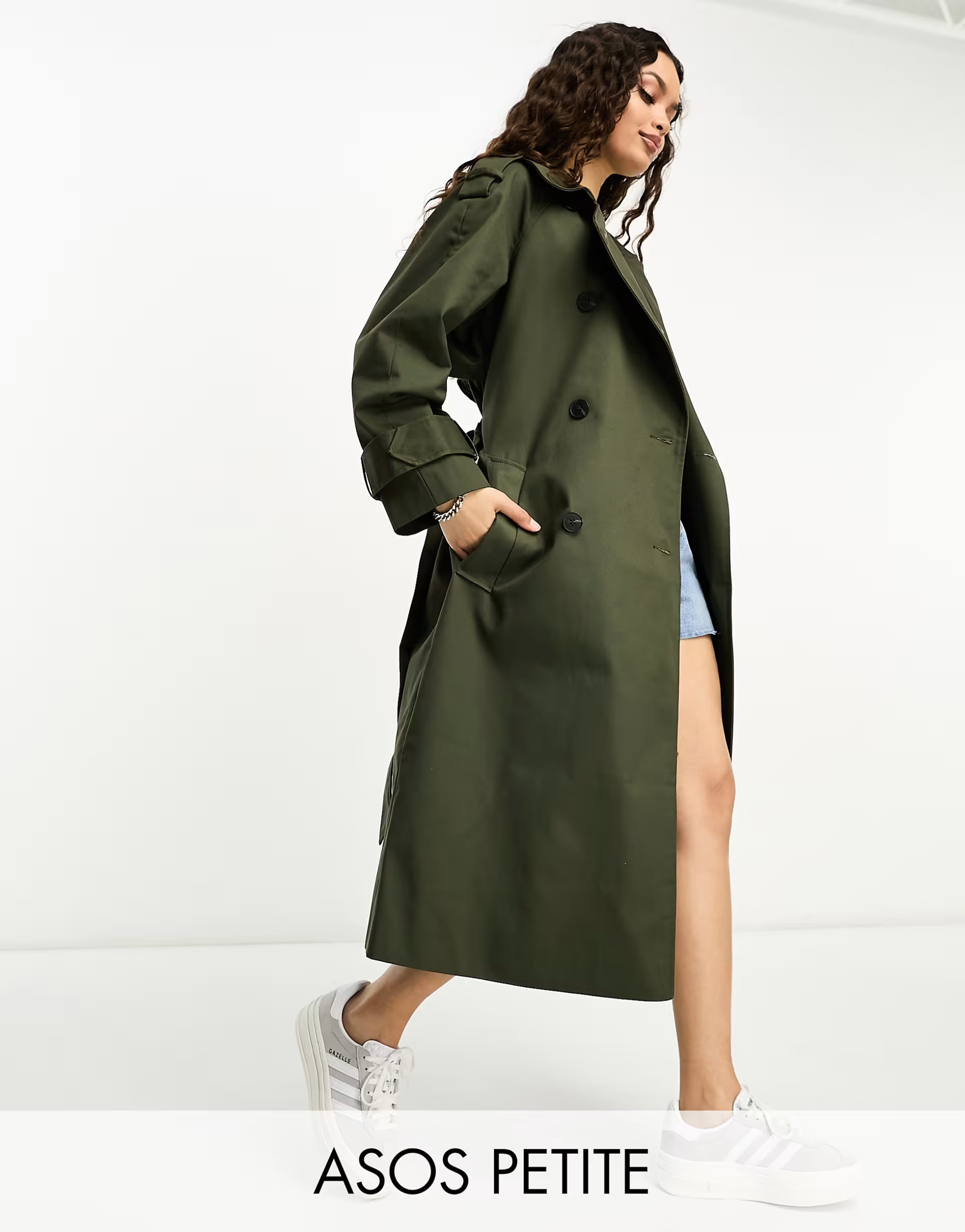ASOS DESIGN Petite longline trench coat in khaki | ASOS (Global)