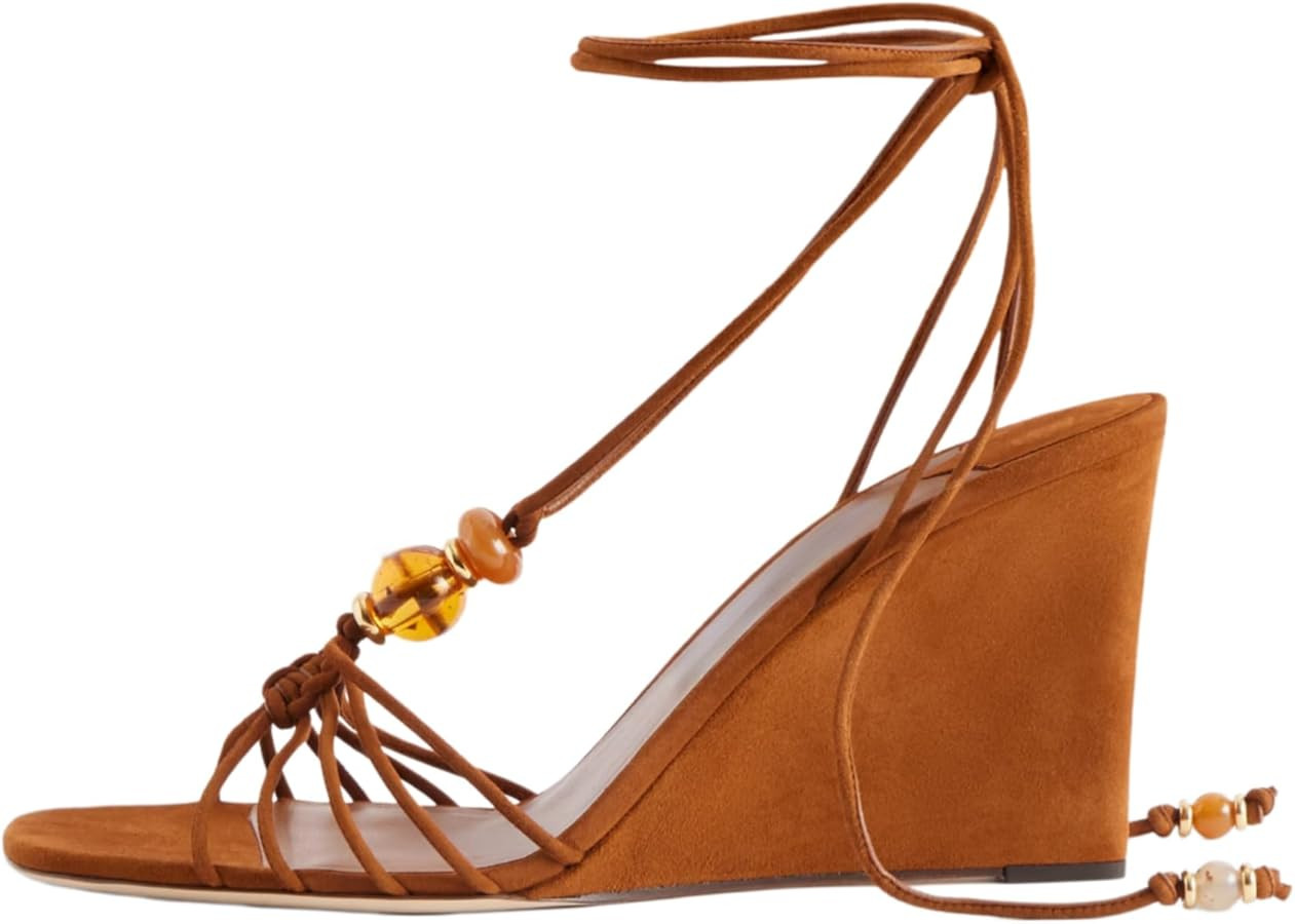 Strappy Wedge Sandals for Women Beaded Wrap Around Lace-Up Heels Square Toe Ankle Strap 3.3-Inch ... | Amazon (US)