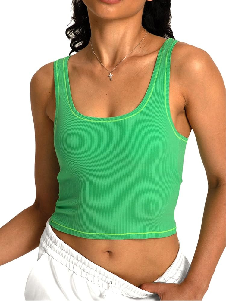 Danysu Women Rib Tank Top Padded Workout Top Square Neck Crop Tank Fitted Basic Cami Tops | Amazon (US)