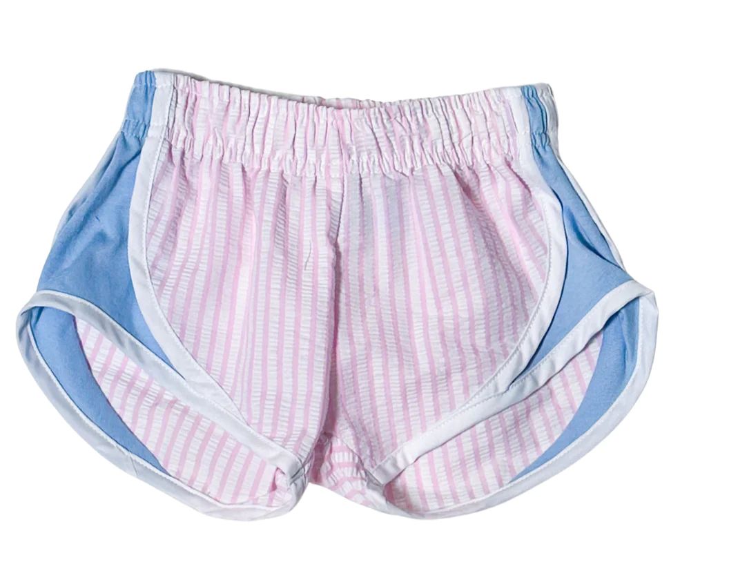 Colorworks Kids Athletic Shorts - Pink Stripe Shorts with Blue Sides | JoJo Mommy