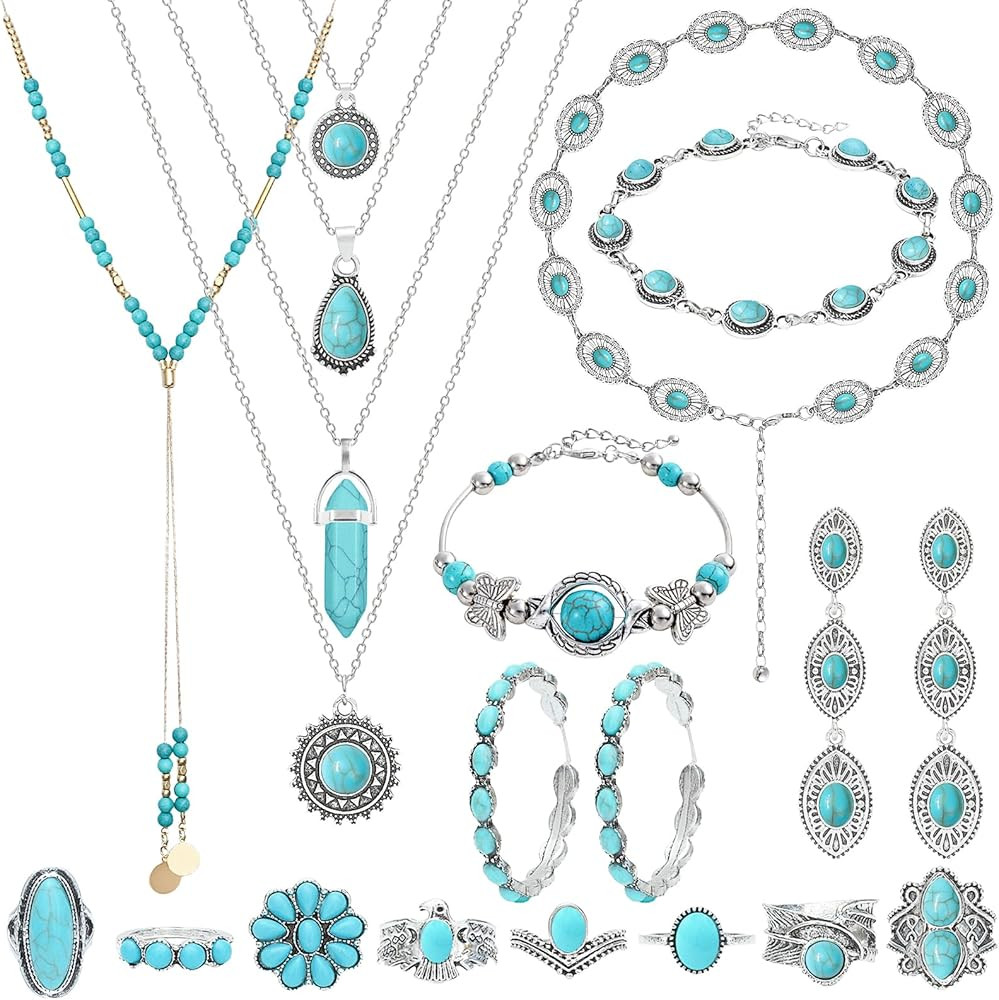NEWITIN 20 Pieces Silver Bohemian Jewelry Set for Women Fashion Costume Jewels Turquoise Necklace... | Amazon (US)
