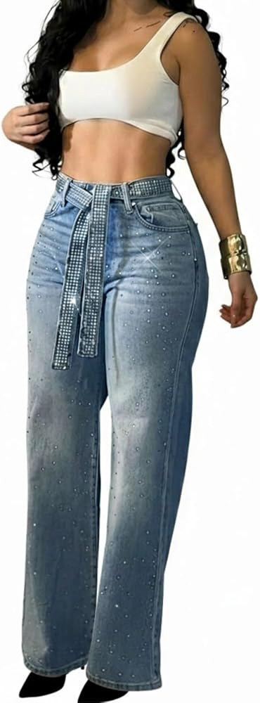 CHICME High Waisted Wide Leg Jeans for Women Rhinestone Embellished Denim Pants with Matching Spa... | Amazon (US)