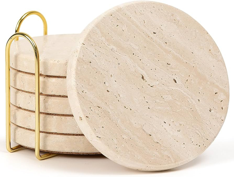 Set of 6 Travertine Marble Coasters with Holder, Elegant Rustic Farmhouse Table Accent, Neutral W... | Amazon (US)