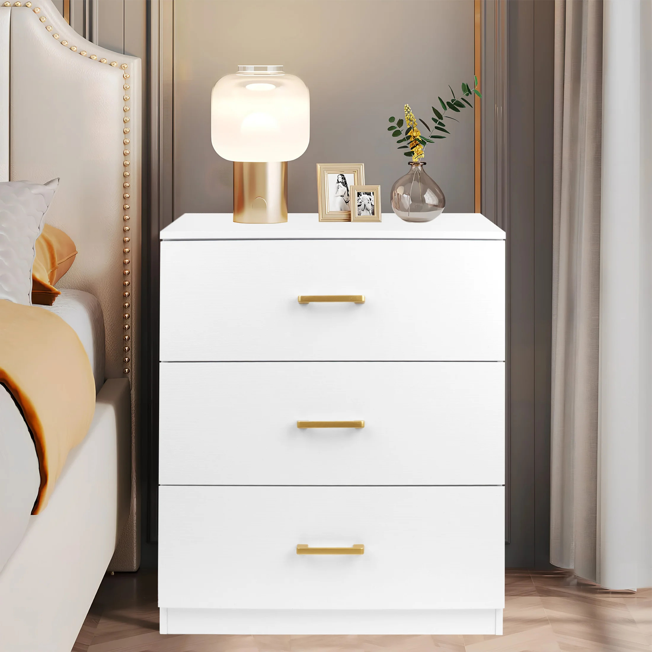 UHOMEPRO Nightstand, Modern 3 Drawer Nightstand, White Nightstand with Gold Handle, Wooden Bedsid... | Walmart (US)