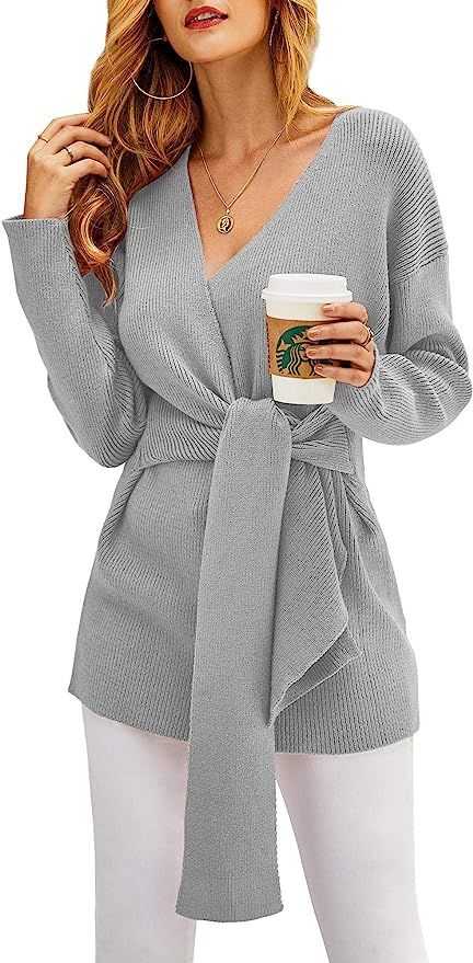 Ferbia Women Oversized Sexy Sweater Dresses Wrap V Neck Knit Sweaters Fall Batwing Long Sleeve Ju... | Amazon (US)