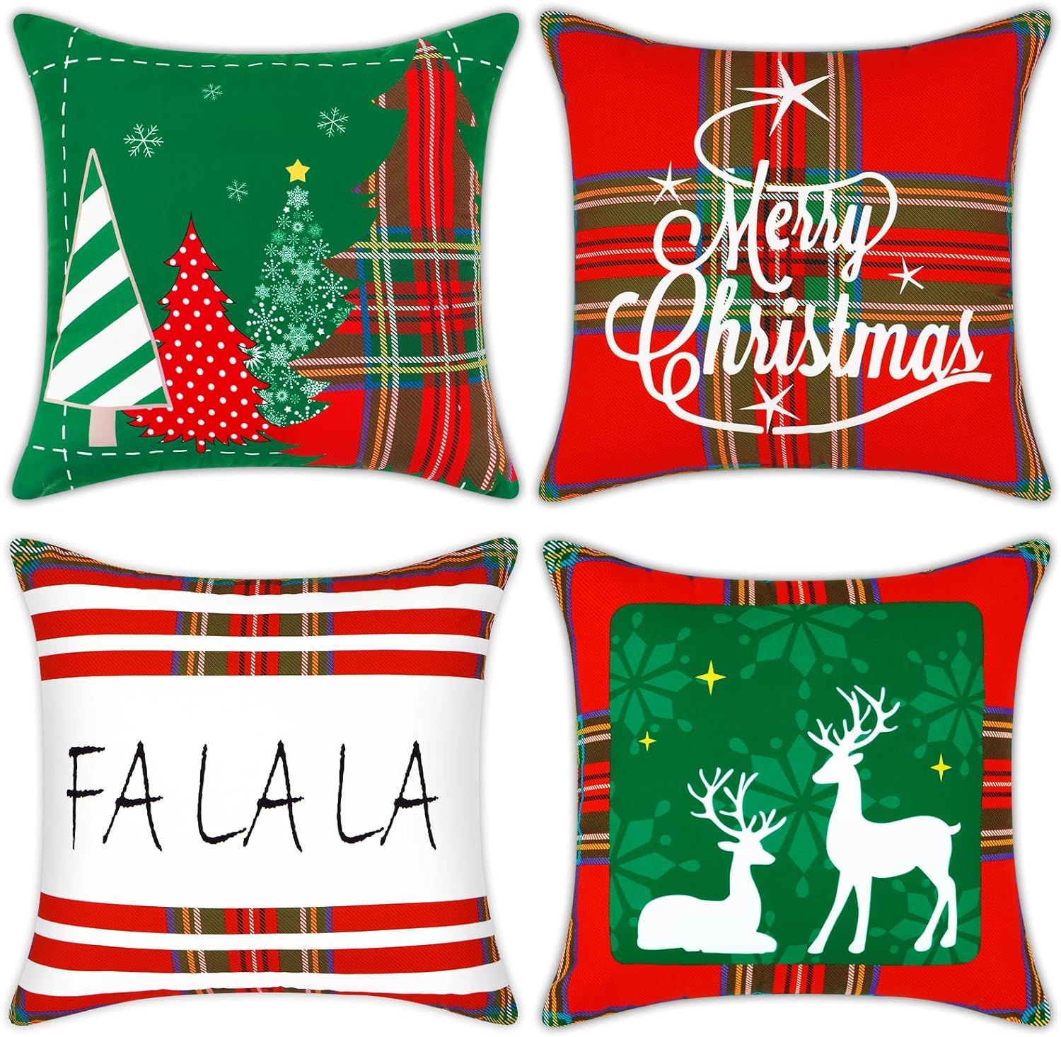 Christmas Pillow Covers 18x18 Set of 4 Buffalo Plaid Xmas Throw Pillows Red Green Christmas Decor... | Amazon (US)