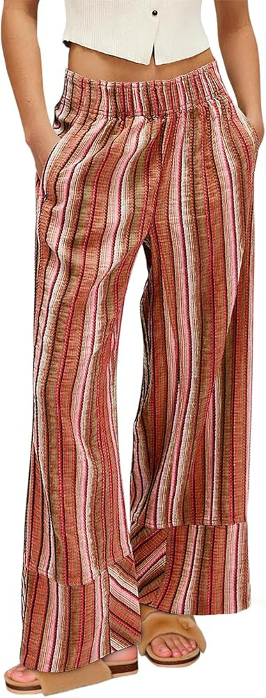 Cicy Bell Womens Wide Leg Lounge Pants Elastic High Waisted Striped Palazzo Pants Flowy Casual Be... | Amazon (US)