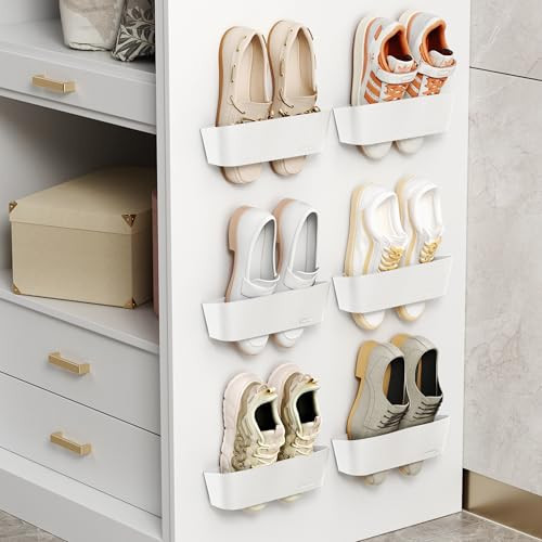 DegMongee 6-Pack Wall Mounted Shoe Rack with Sticky Strips, Space Saving Hanging Shoe Rack, No-Drill Hanging Shoe Shelves, Ideal for RV, Campers, Door, Wall, Closet - White | Amazon (US)