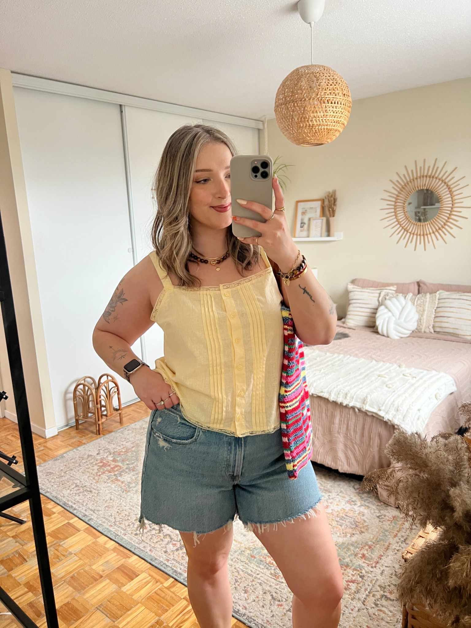 Casual summer outfit! Canadian Gap links are under “similar products”. Wearing my usual size L in the butter yellow tank top (technically a pj top but cute enough to wear out!) Wearing 32 in the denim shorts (I recommend sizing up 1!). This crochet bag is such a fun pop of color!


#LTKmidsize #LTKsummer #LTKsale