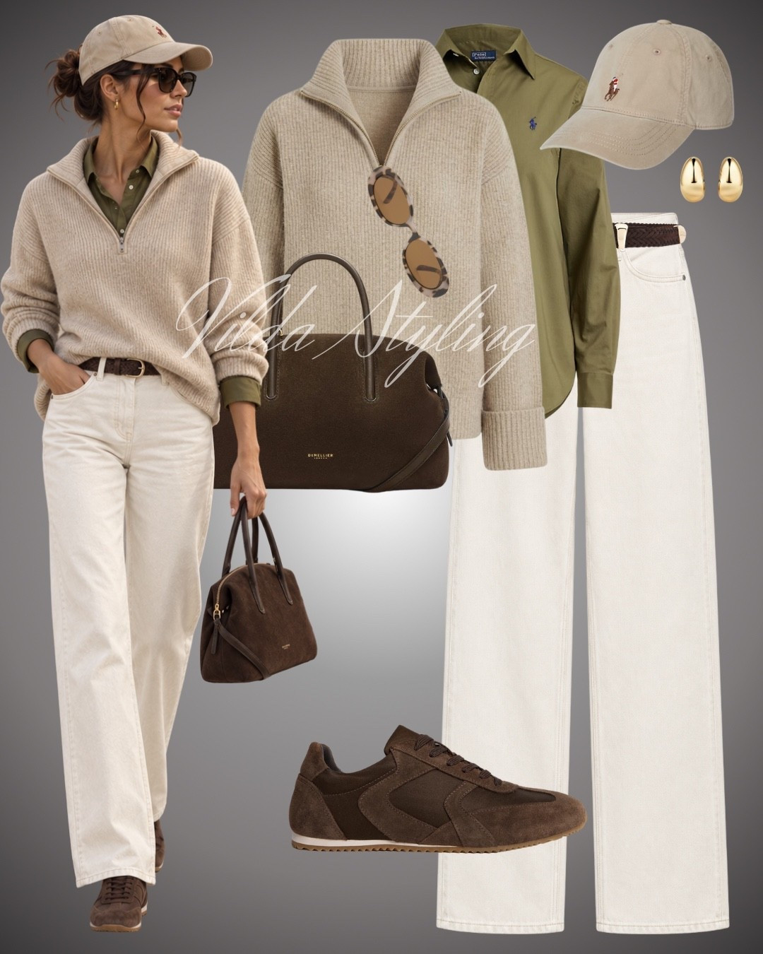 Effortless neutral layers for fall 🤎 An olive shirt styled with a cozy half-zip knit, cream jeans and rich brown accessories for the perfect casual-chic look.

#LTKautumn #LTKjeans #LTKstyletip