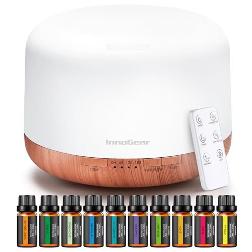 InnoGear Aromatherapy Diffuser & 10 Essential Oils Set, 500ml Essential Oil Diffuser with Remote Control Ultrasonic Cool Mist Scent Humidifier Vaporizer Auto-Off Timer for Valentine's Gift, Yellow | Amazon (US)