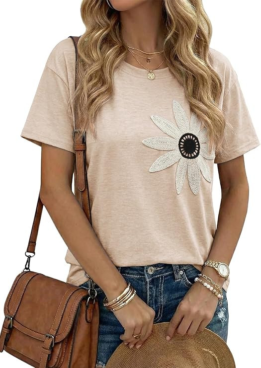 Dokotoo Summer Tops for Women 2026 Flower Embroidery Short Sleeve T-Shirts Crewneck Casual Loose ... | Amazon (US)