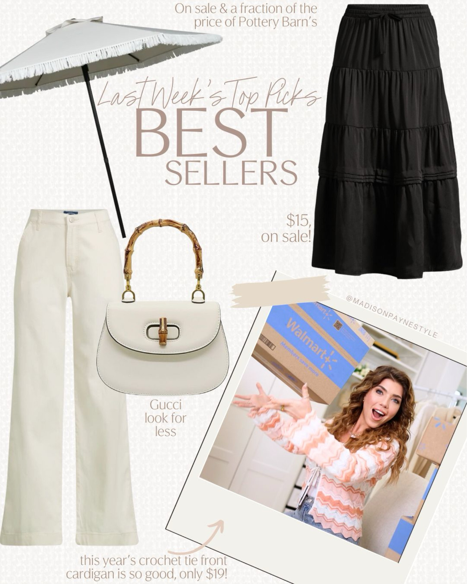 $15 Walmart skirt was a best seller last week, currently on sale! 🥰 an outdoor fringe umbrella (also on sale for less than $50), wide leg jeans, a Gucci look for less handbag, and a $19 crochet cardigan were also best sellers! 

Walmart, Outdoor Umbrella, Walmart Skirt, Walmart Jeans, Amazon Handbag, Gucci Look For Less, Walmart Cardigan, Madison Payne

#LTKStyleTip #LTKSeasonal #LTKFindsUnder50