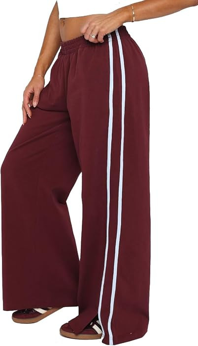 Women's Elasticated Waistband Side Pockets Double Stripe Split at Bottom Hem Wide Leg Pants | Amazon (US)