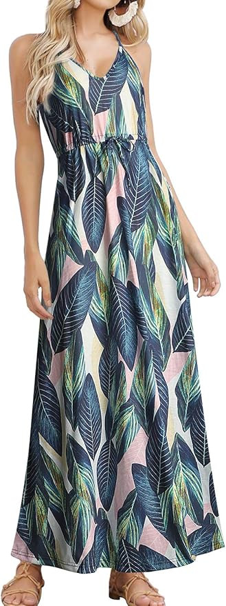 HUSKARY Womens Sleeveless V Neck Spaghetti Strap Pockets Beach Boho Tropical Summer Maxi Dress | Amazon (US)