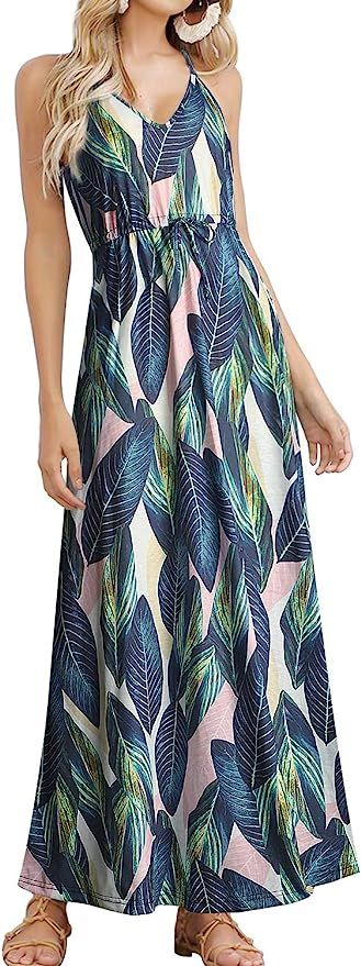 HUSKARY Womens Sleeveless V Neck Spaghetti Strap Pockets Beach Boho Tropical Summer Maxi Dress | Amazon (US)