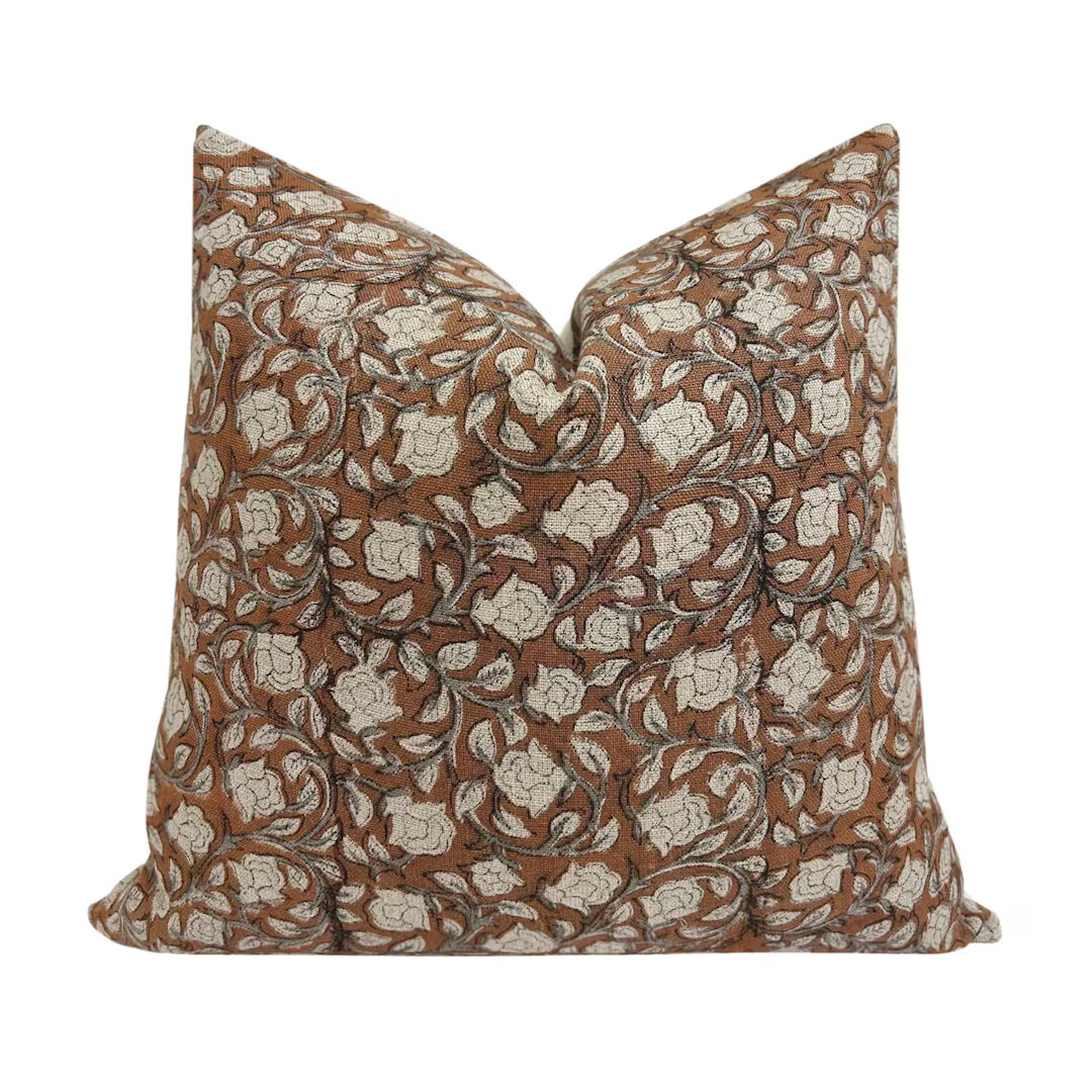 RALPH || Designer Floral Linen Pillow Cover, Rust and Sage Floral Pillow Cover, Block Print Linen... | Etsy (US)
