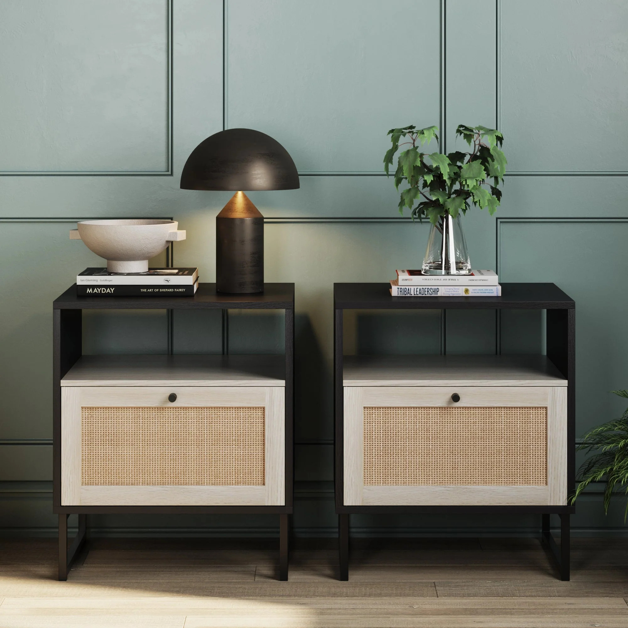 Rattan & Wood Nightstands Black | Nathan James