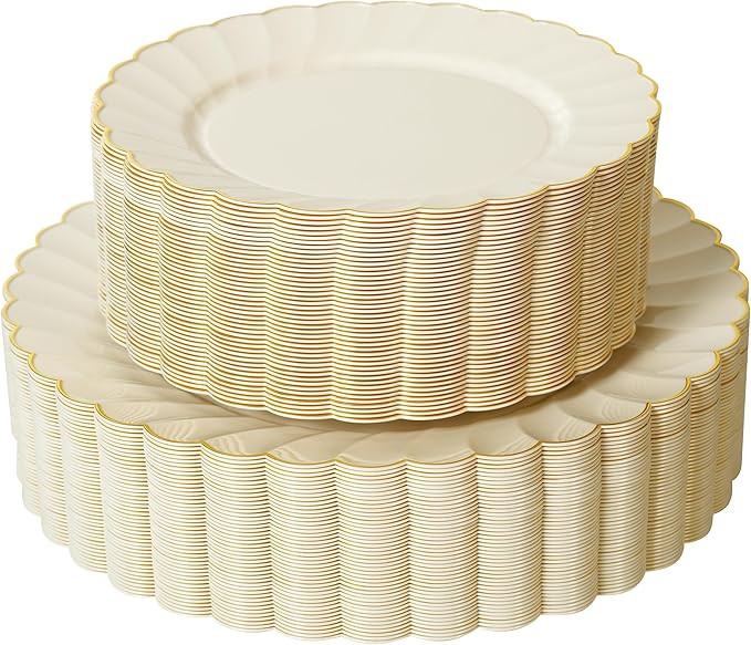 72PCS Ivory Scalloped Plastic Plates for 36 Guests, Elegant Fancy Disposable Plate with Gold Rim ... | Amazon (US)