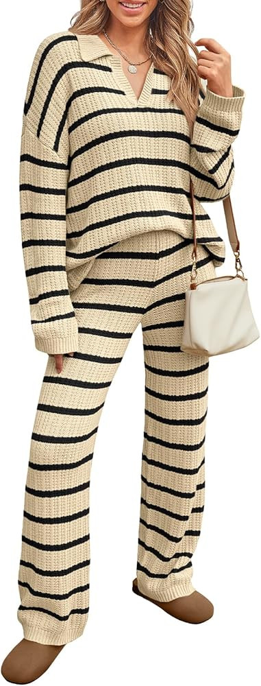 LILLUSORY Womens 2 Piece Lounge Sweater Sets Crochet Striped V Neck Sweaters and Pants Matching S... | Amazon (US)