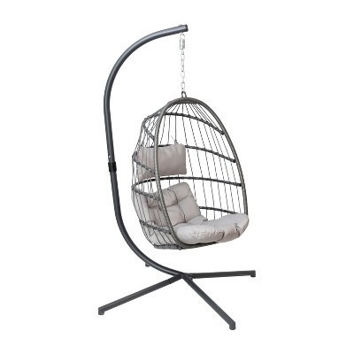 Emma and Oliver Foldable Hanging Egg Chair with Grey Woven Finish, Removable Gray Cushions, and Included Stand for Indoor and Outdoor Use | Target