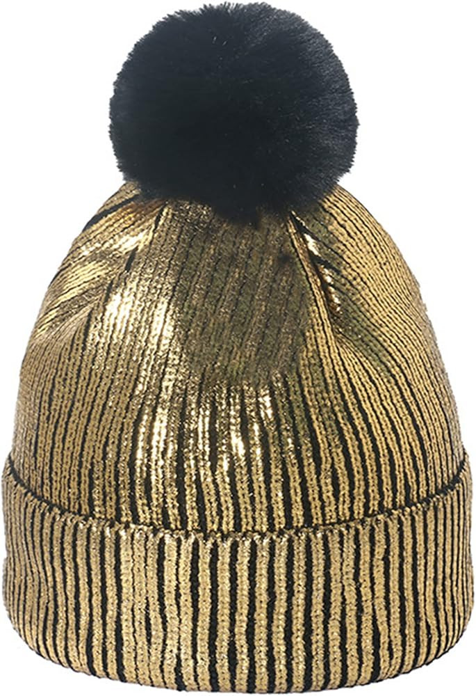 Metallic Beanie Hat Fashion Solid Color Skull Cap Knit Cuffed Watch Hats with Removable Fur Pom P... | Amazon (US)