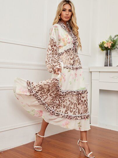 Floral & Leopard Print Ruffle Trim Bishop Sleeve Dress | SHEIN