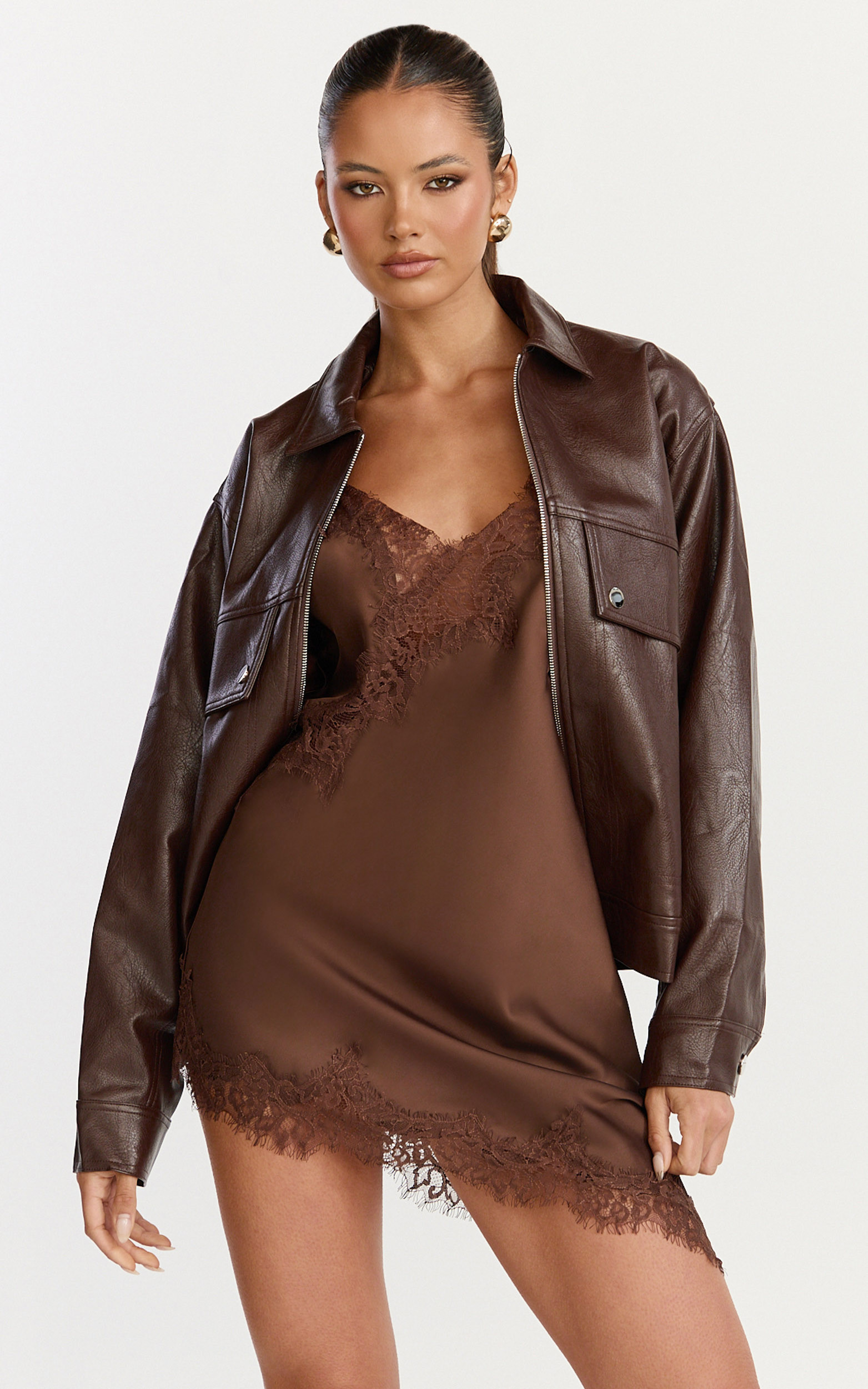 Lumi Jacket - Faux Leather Bomber Jacket in Chocolate | Showpo (ANZ)