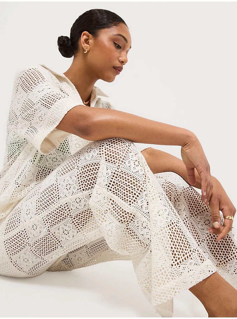 Cream Square Crochet Wide Leg Co-ord Trousers | George