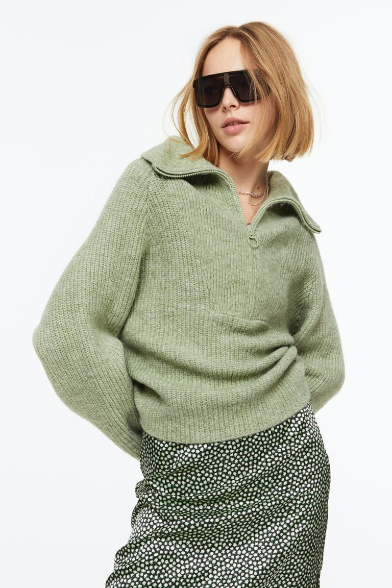 Rib-knit Half-zip Sweater - Light green - Ladies | H&M US | H&M (US + CA)