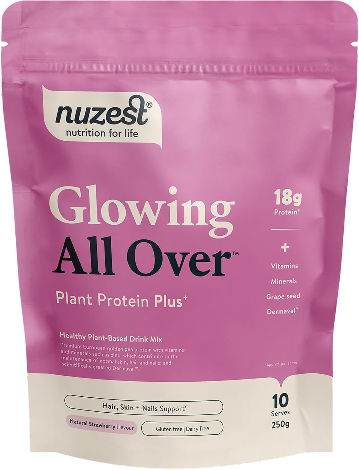 Nuzest Protein Plus | Glowing All Over | Strawberry | Support of Healthy Hair, Skin, Nails and Collagen Production | Vitamins and Minerals | 250g (10 Servings) | Amazon (UK)