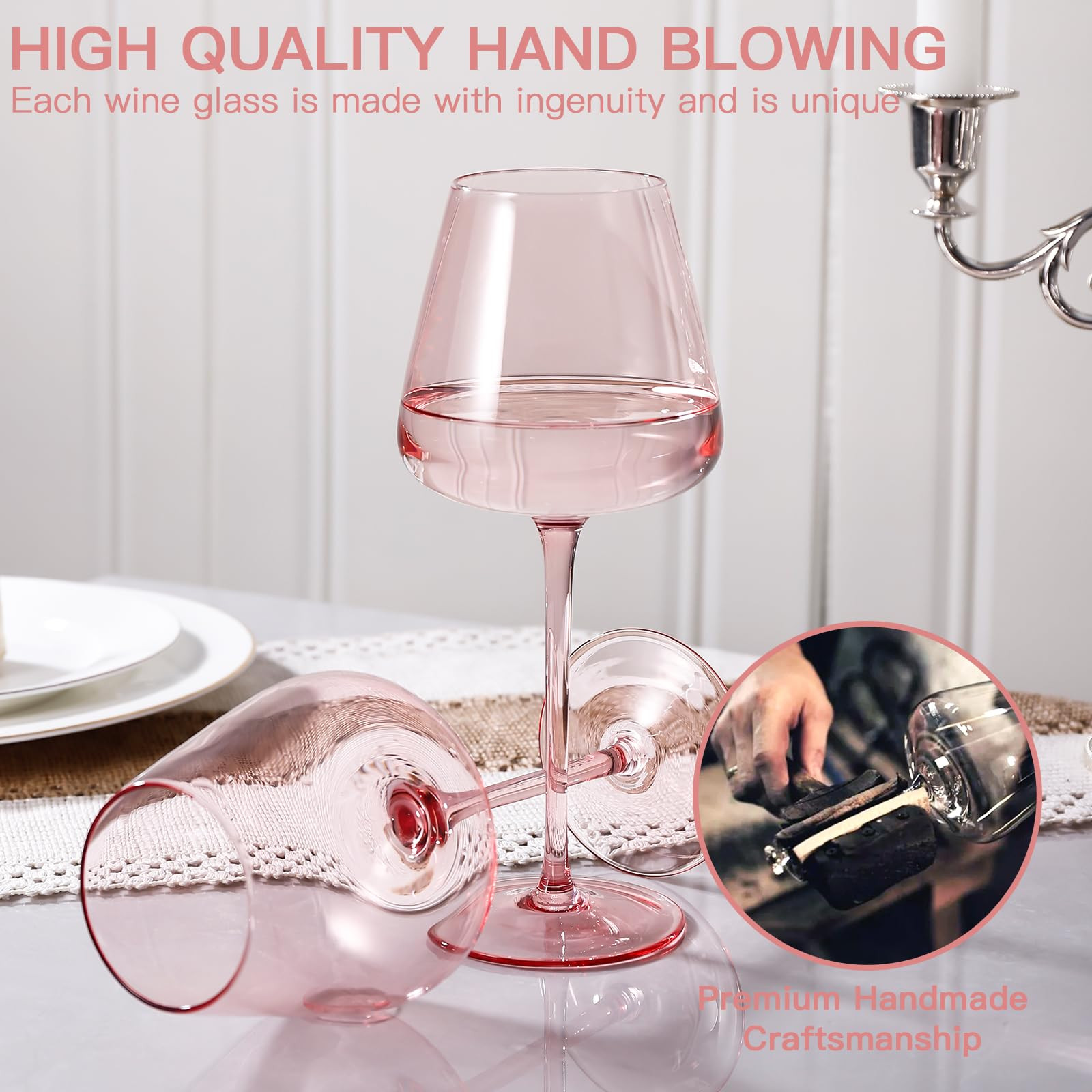 Pink Wine Glasses Set of 6, Hand Blown Large Colored Wine Glass 18Oz, Lead-Free Premium Crystal L... | Amazon (US)