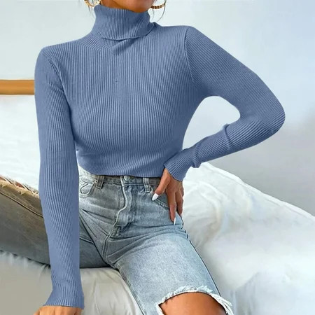 Bnwani Turtleneck Sweaters for Women Long Sleeve Top Knit Pullover Solid Color Blue Sweaters for Women Size S(US:4) | Walmart (US)