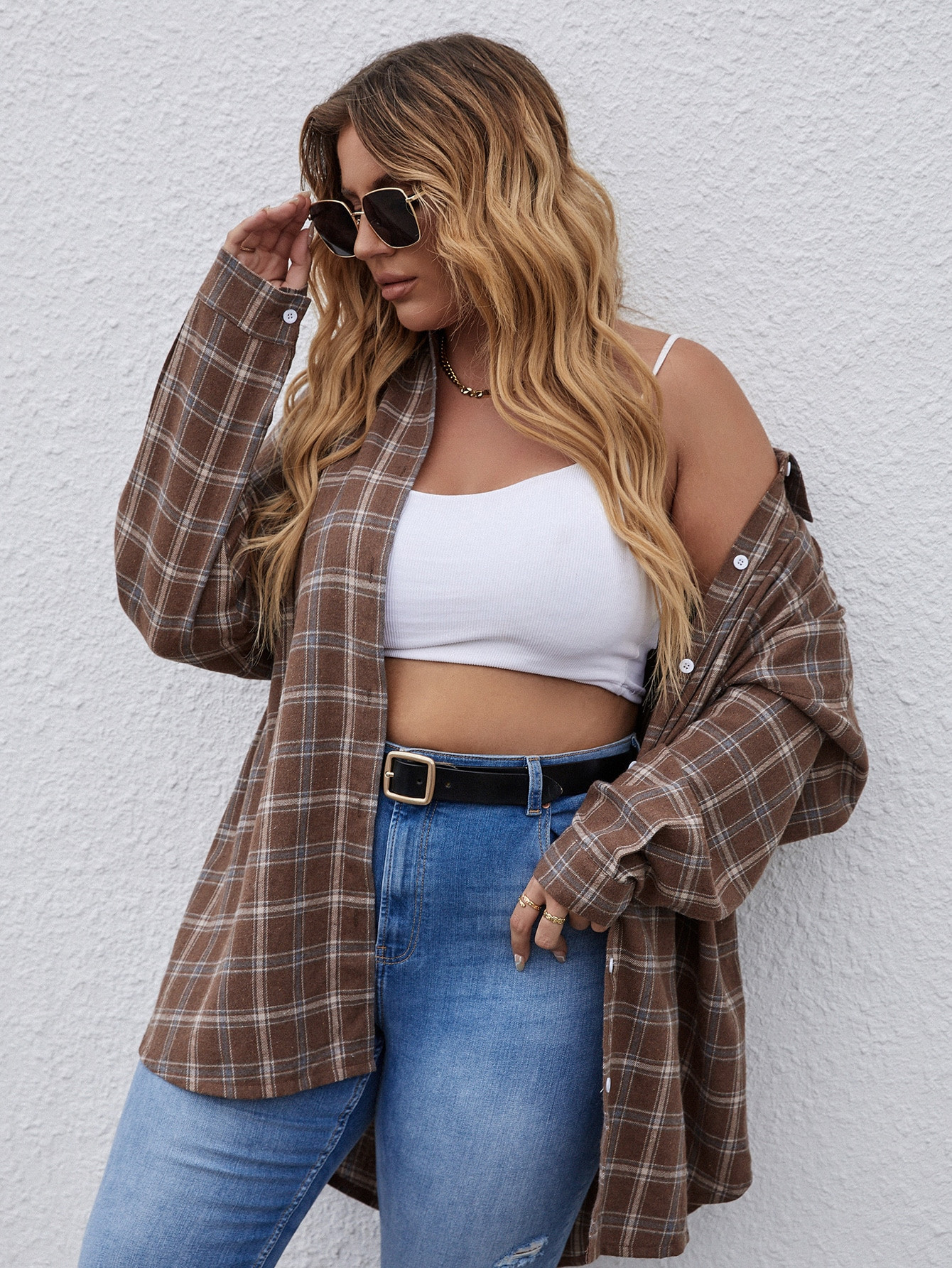 SHEIN Essnce Plus Plaid Drop Shoulder Blouse | SHEIN