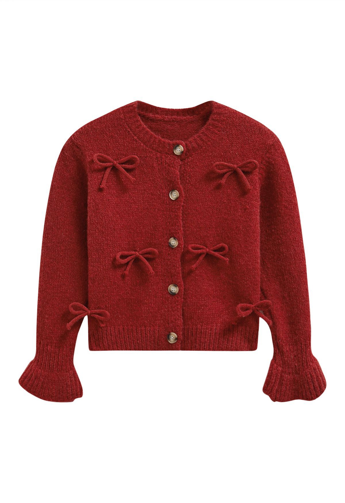 Adorable Bowknot Buttoned Knit Cardigan in Red | Chicwish