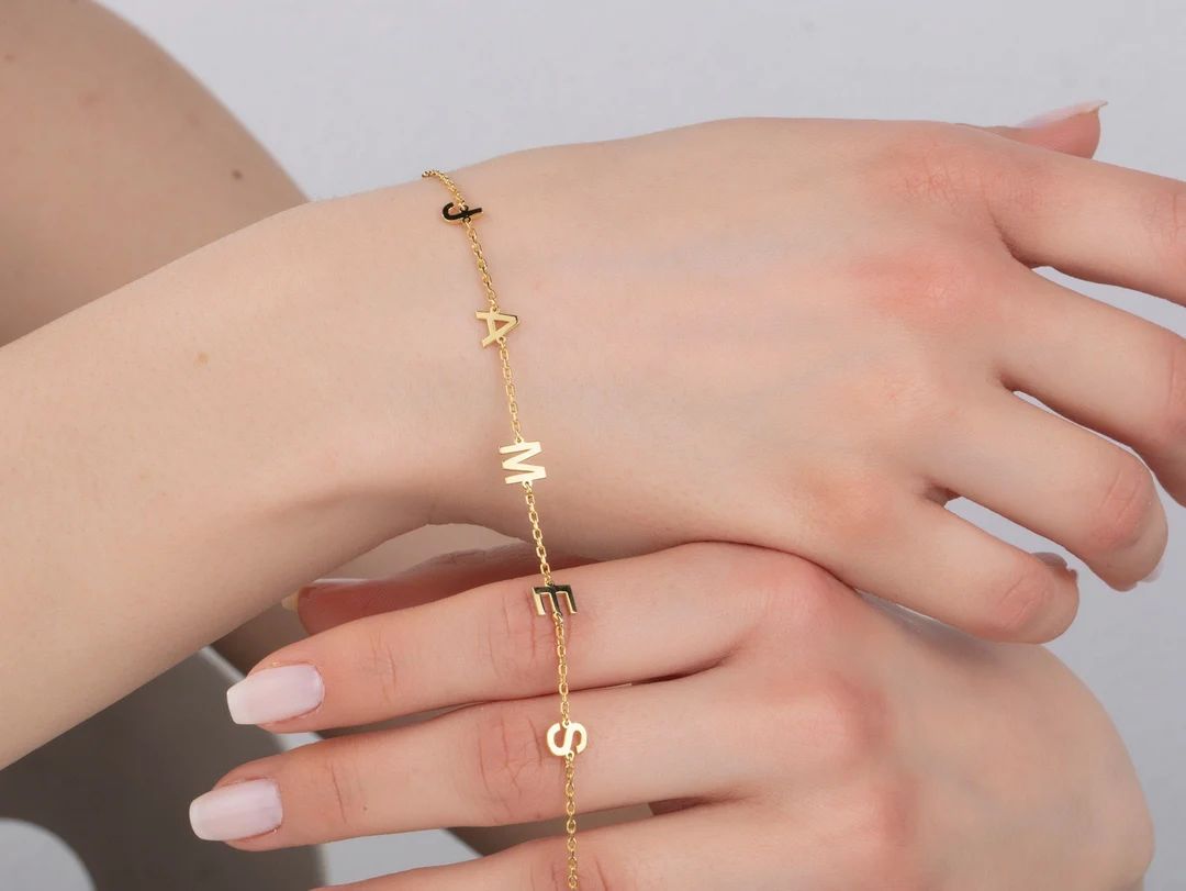 18K Solid Gold Name Bracelets, 14K Initial Letters Bracelet, Birthday Gifts For Women, Personaliz... | Etsy (US)
