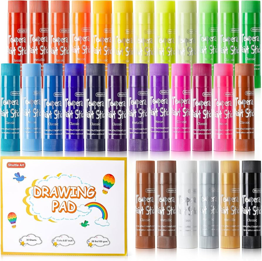 Tempera Paint Sticks, Shuttle Art 31 Pack Solid Tempera Paint Set, 30 Colors with 1 Drawing Pad f... | Amazon (US)