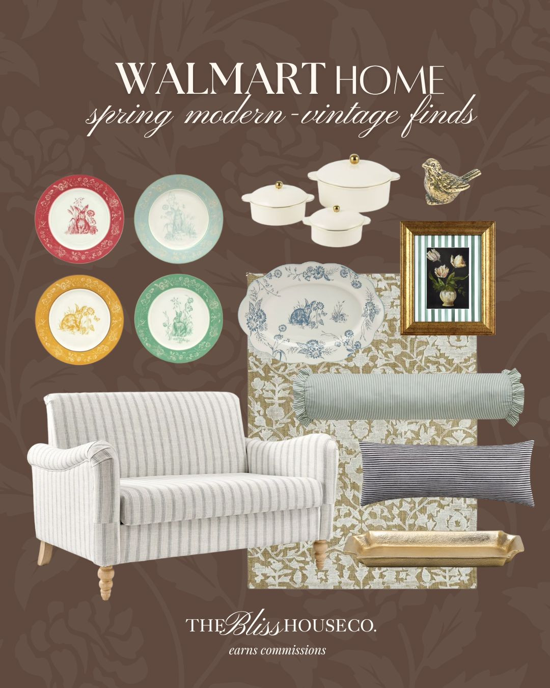 Trending modern-vintage finds from Walmart! Affordable new arrivals, home decor, stripe couch, wall art, plate, hosting, spring time, Easter, pillows, stripe, gold accents, vintage-inspired, Walmart home.
 

 #LTKSeasonal #LTKHome