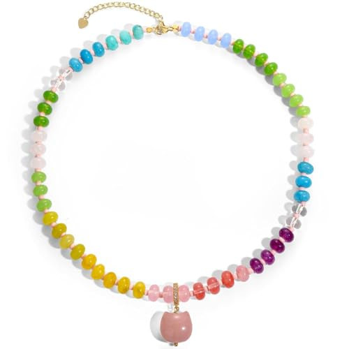 LOOYUUPEE Beaded Gemstone Necklace with Cat Pandent, Colorful Boho Bead Choker Necklaces for Women Natural Stone Necklaces 14K Gold Plated Summer Beach Handmade Jewelry (4-Fresh style) | Amazon (US)