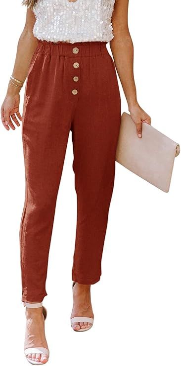 NIMIN Womens Casual Loose Pants Comfy Cropped Work Pants with Pockets Elastic High Waist Paper Ba... | Amazon (US)