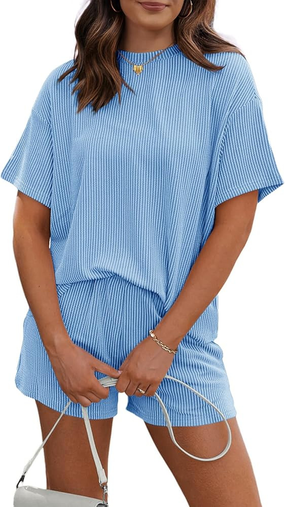 RUBZOOF Women's 2 Piece Sets Short Sleeve Outfits Ribbed Textured Knit Lounge Shorts Set Oversize... | Amazon (US)