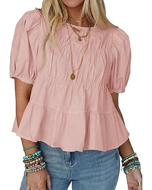 Tankaneo Womens Puff Sleeve Peplum Babydoll Tops Summer Smoked Pleated Cotton T-Shirts Casual Loo... | Amazon (US)